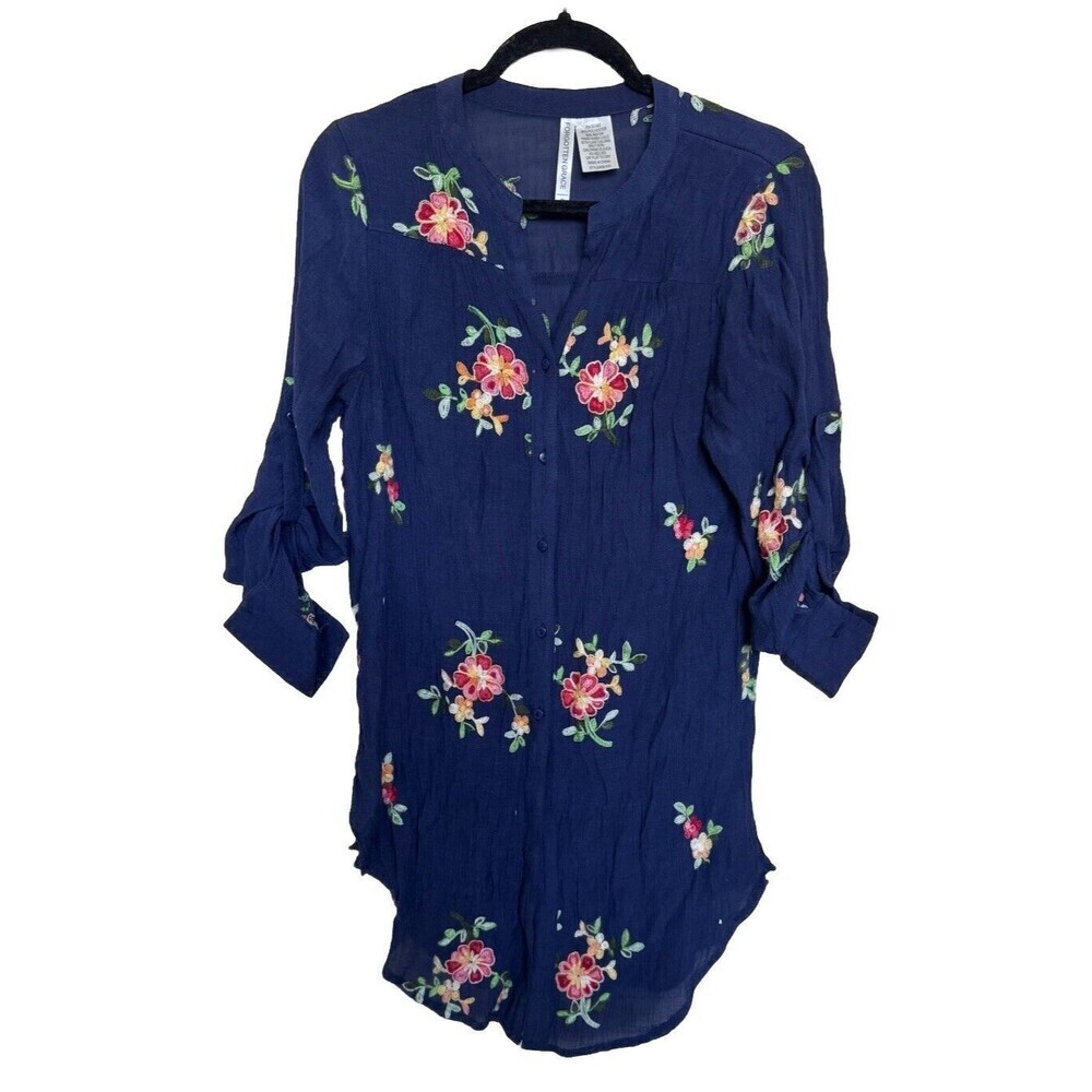Forgotten Grace Women's Floral Embroidered Navy Boho Tunic Adjustable Sleeve S